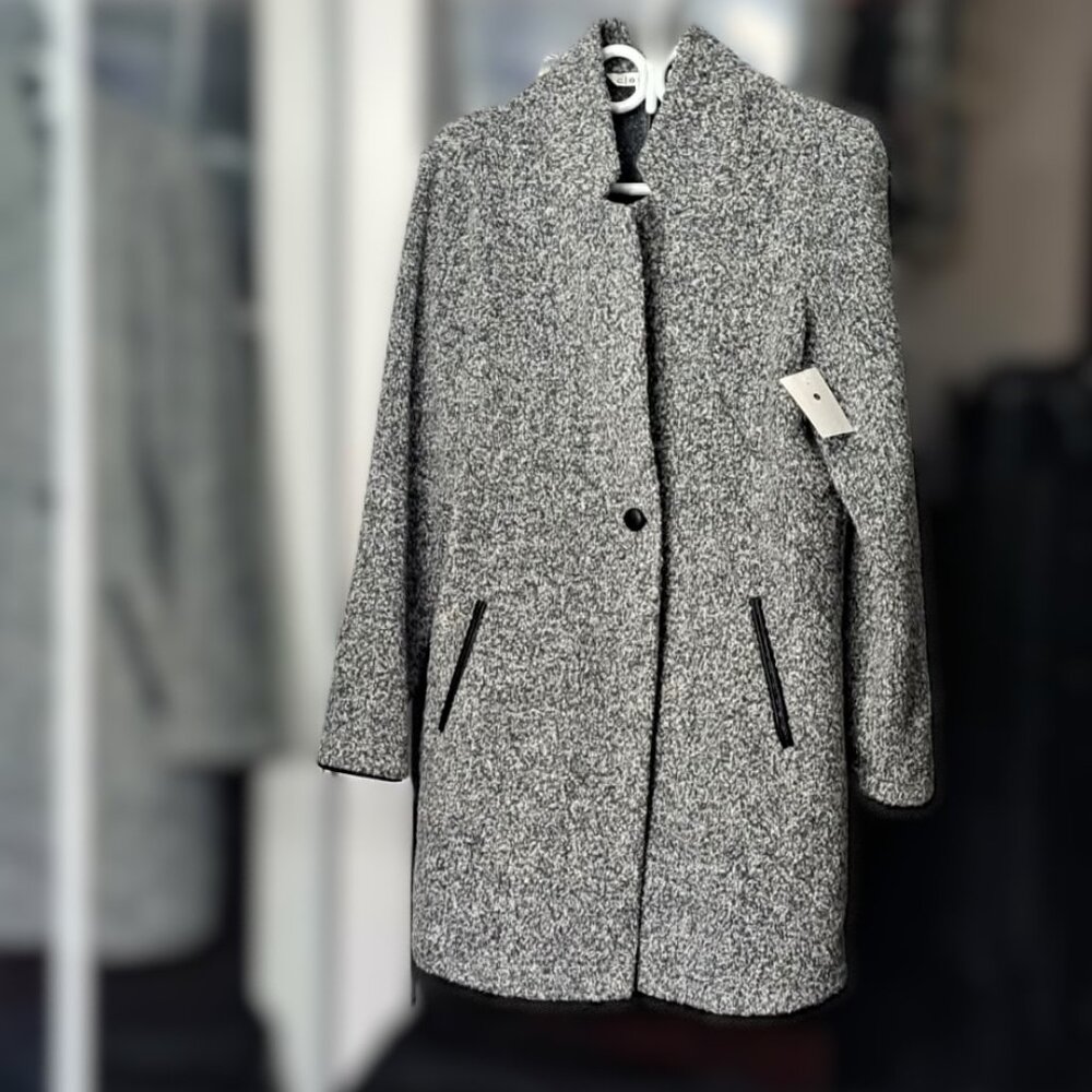 Cleo Grey Tweed Single-Breasted Winter Coat Faux Leather Trim NWT